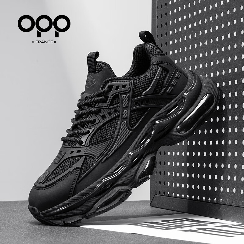 OPP男鞋夏季透气2026新款高级感老爹鞋男士运动鞋百搭休闲鞋软底增高 黑色 单层 44