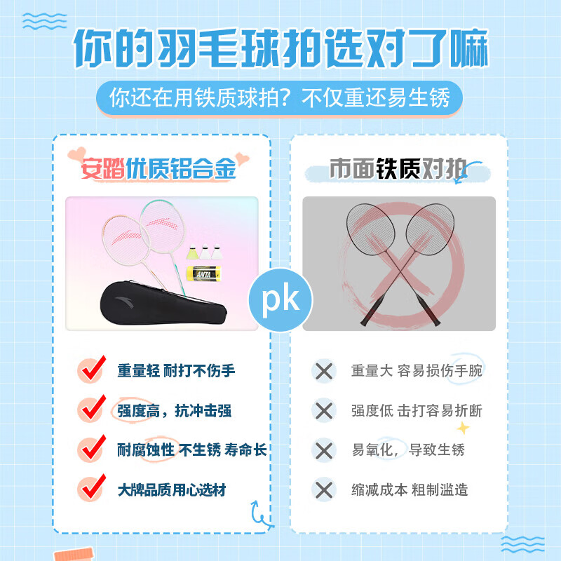 ANTA铝合金羽毛球球拍对拍套装训练比赛专业超轻耐打成人学生防磨羽拍 高颜值火爆款 橙蓝对拍【赠六球+拍包】