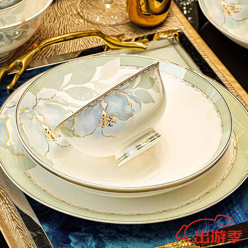 曼远釉下彩景德镇陶瓷餐具高颜值中式碗盘碟套装轻奢高级感乔迁新居礼 花影鎏金【16人配置】 102件套 京东折扣/优惠券