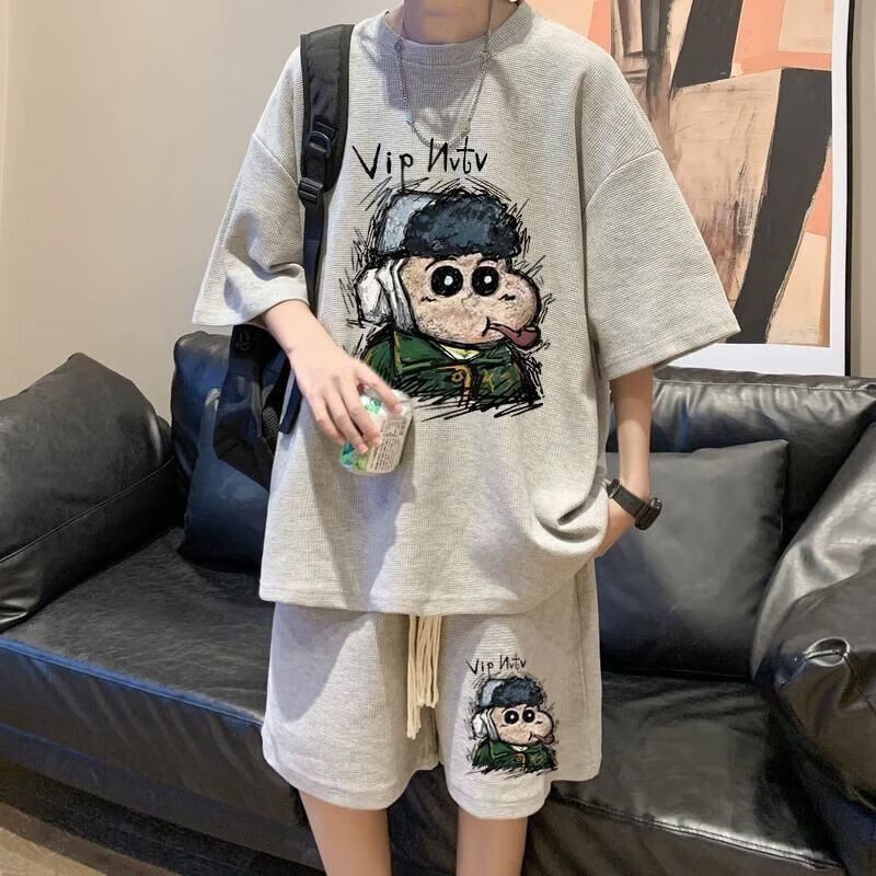 狄保特华夫格新款短袖短裤休闲套装夏季青少年一套搭配帅气两件套潮牌12 灰色两件套-M-33