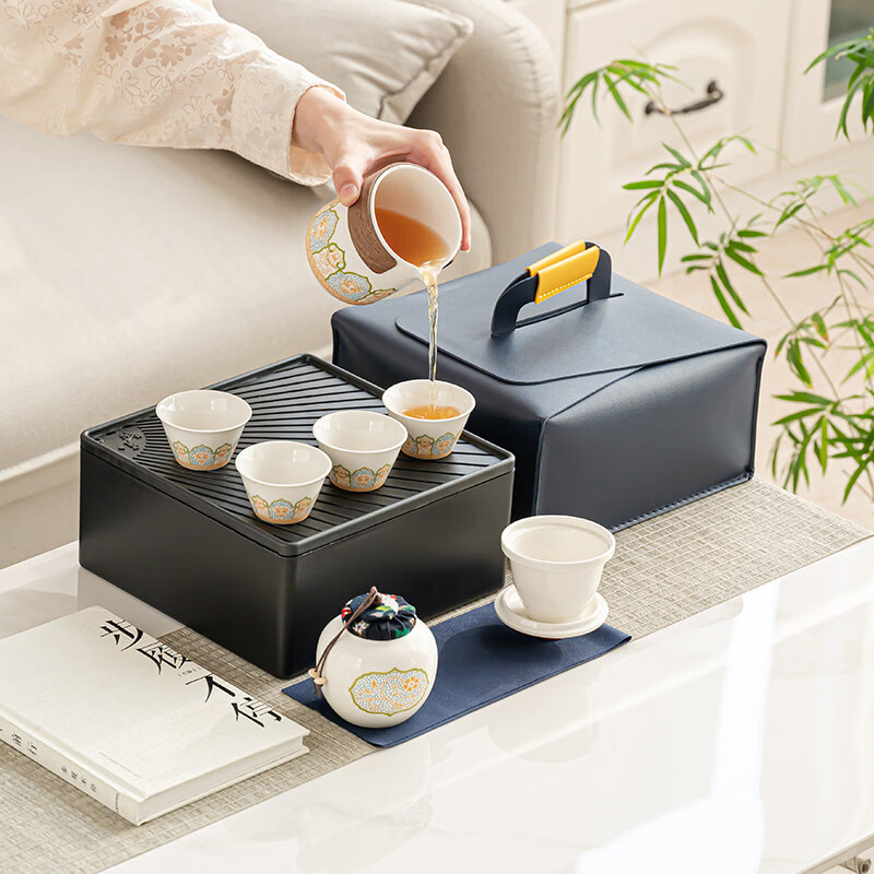 便携茶具户外旅行茶具套装家用一壶四杯便携式收纳包陶瓷快客杯泡 白/古韵一壶三杯/胶囊包