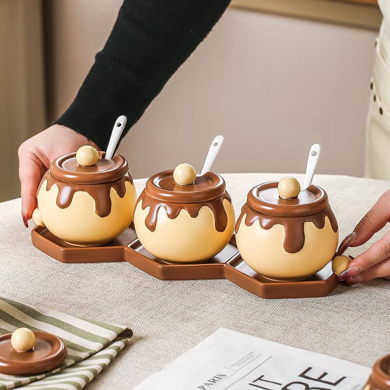 溥畔巧克力调料罐盐罐厨房陶瓷高颜值味精糖辣椒调料瓶调味品套装 巧克力调味罐套装+蜂蜜猪油罐大号