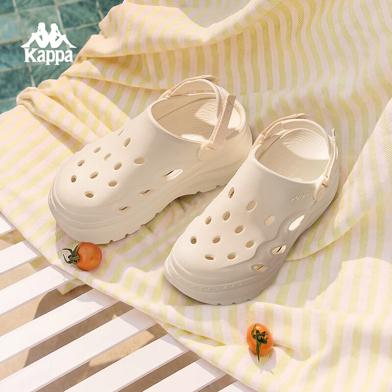 卡帕（Kappa）女鞋厚底百搭洞洞鞋女2026春季新款一脚蹬增高沙滩鞋户外凉拖鞋女 冬日白 37-38