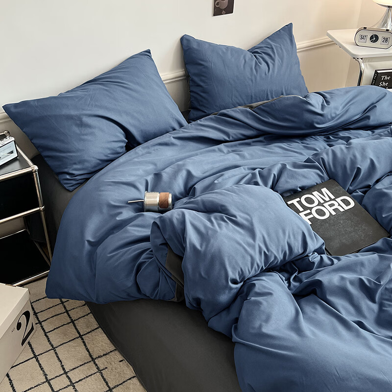 雅鹿ins简约水洗棉被套床单被罩学生宿舍三件套150x200双人纯色四件套 深蓝灰【10A抗菌 可裸睡】 2.0床单四件套 床单款 （被套200*230cm）