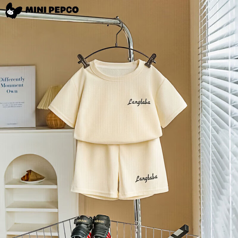 小猪班纳（PEPCO）儿童夏季套装新款华夫短袖两件套运动服男童女童休闲宽松韩系童装 华夫格-米白短袖套装 涤纶 140 建议身高125-135cm