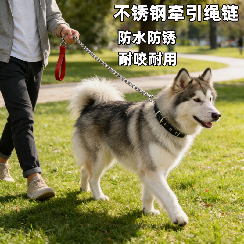 斯派科不锈钢牵引绳户外遛狗绳304金属防咬防锈防缠狗铁链子小中大型犬 黑色手柄直径3.0mm+黑色项圈L码[18-35斤】 长度：150cm