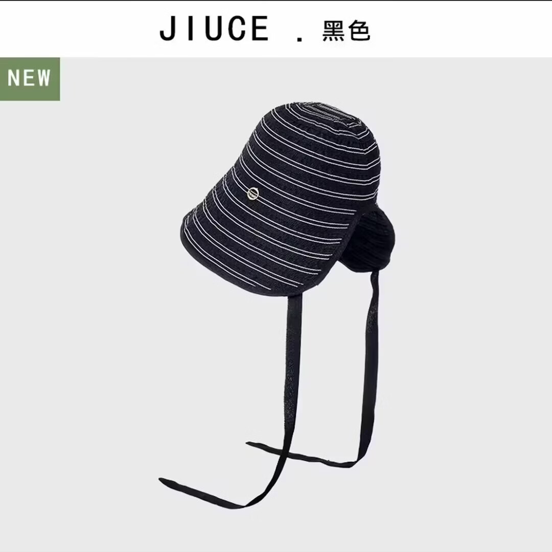 韩版条纹渔夫帽小众透气百搭休闲遮阳帽日系夏季新款时尚水桶帽子 （条纹织带系绳水桶帽）黑色 M(56-58cm）