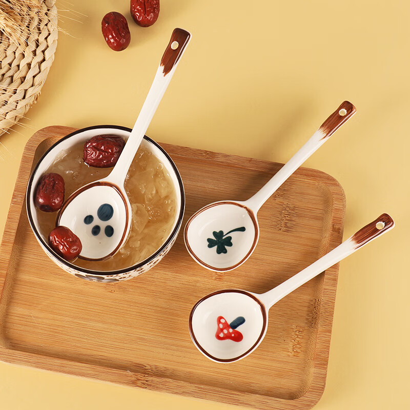 PJ陶瓷勺子家用小汤勺长柄日式高颜值喝汤专用圆头盛汤舀粥调羹勺 混色5个装