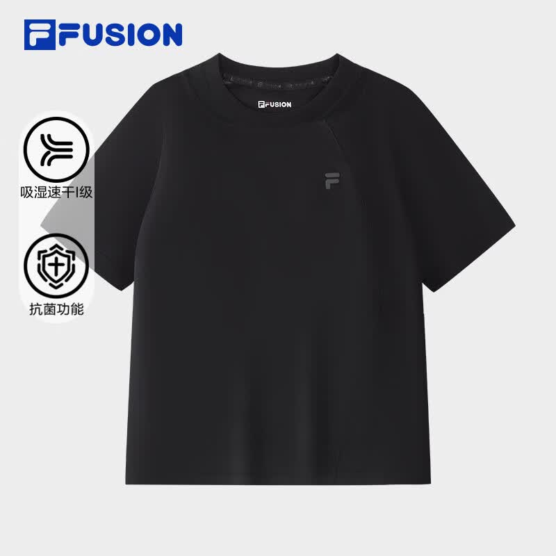 FILA FUSION斐乐田曦薇同款女子针织短袖2026夏季新款吸湿速干基础T恤 正黑色-BK L 170/88A/L
