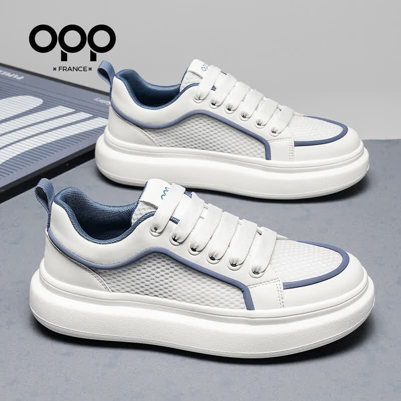 OPP男鞋夏季透气2026新款经典板鞋男男士小白鞋百搭休闲鞋厚底增高鞋 米蓝色 单层 44