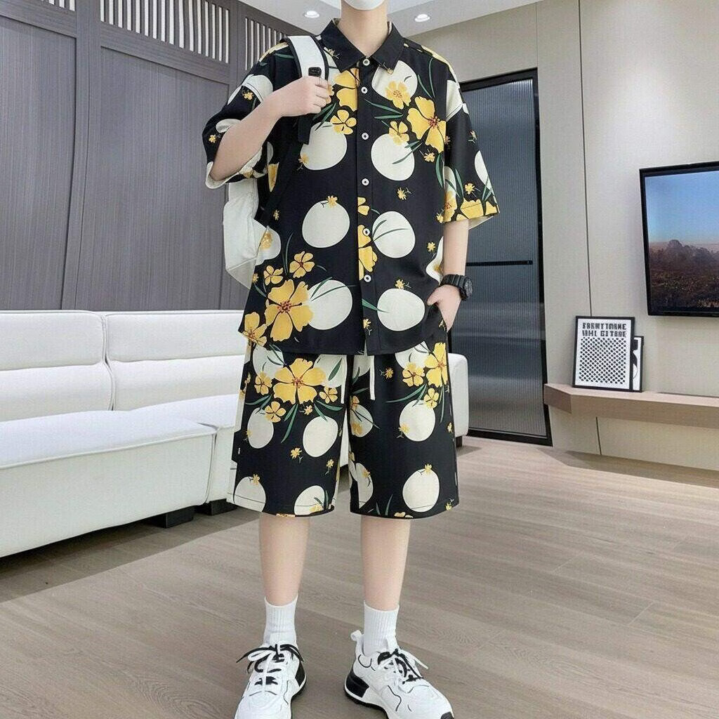 潮衫酷夏季冰丝短袖花衬衫套装男潮流宽松大码速干休闲短袖短裤两件套潮 蓝色套装 M 建议85-100斤