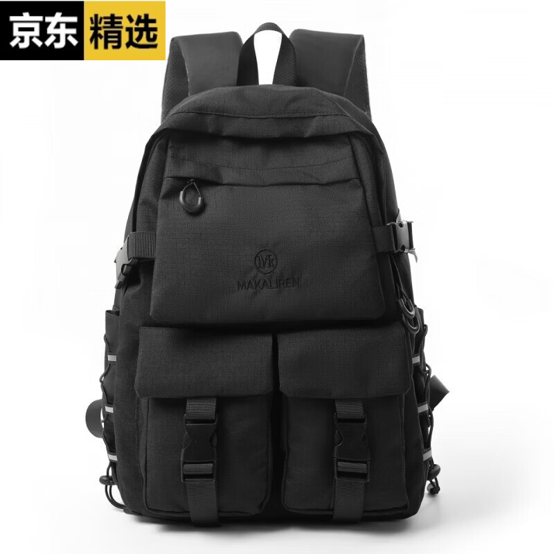 稻草人工装双肩包男多口袋机能背包户外旅行包高中大学生书包潮牌电脑包 黑色