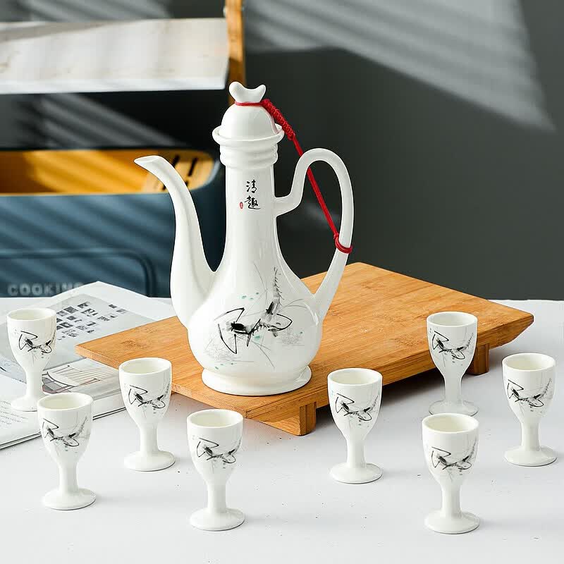 溥畔陶瓷酒具套装双唇酒壶高脚杯仿古中式分酒器酒具礼品小酒壶一口杯 李白斗酒双唇酒壶(高脚杯 9件