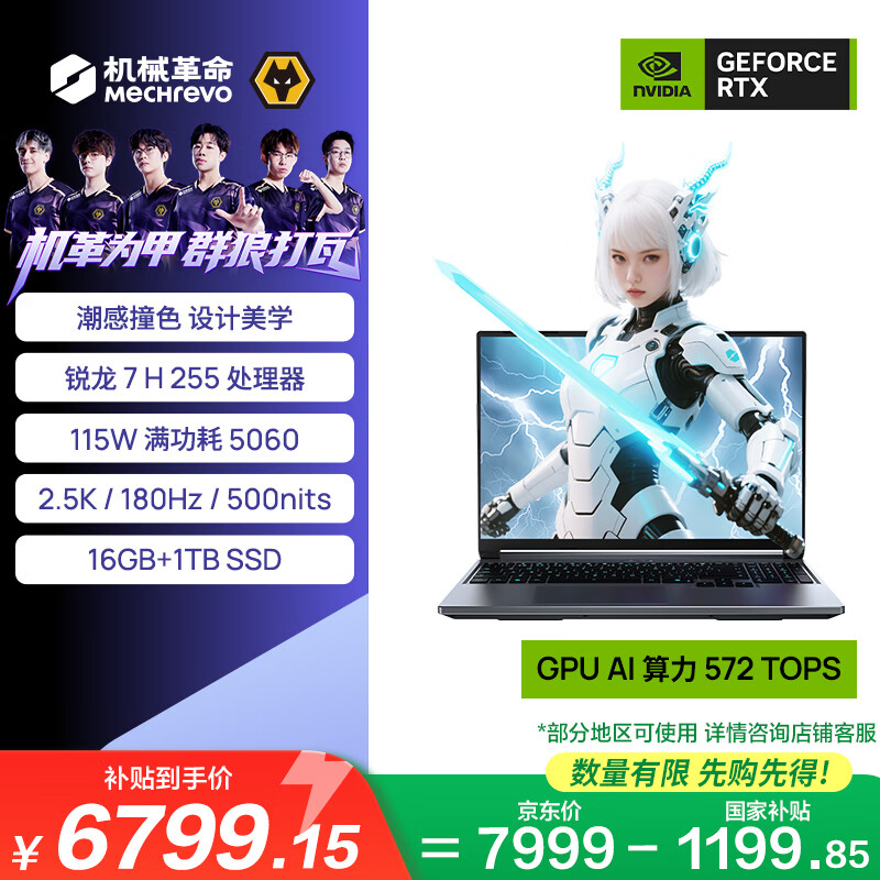机械革命【国家补贴】蛟龙16Pro 潮玩版 16英寸游戏电竞笔记本电脑(R7 H 255 16G 1T RTX5060 180Hz 灰)
