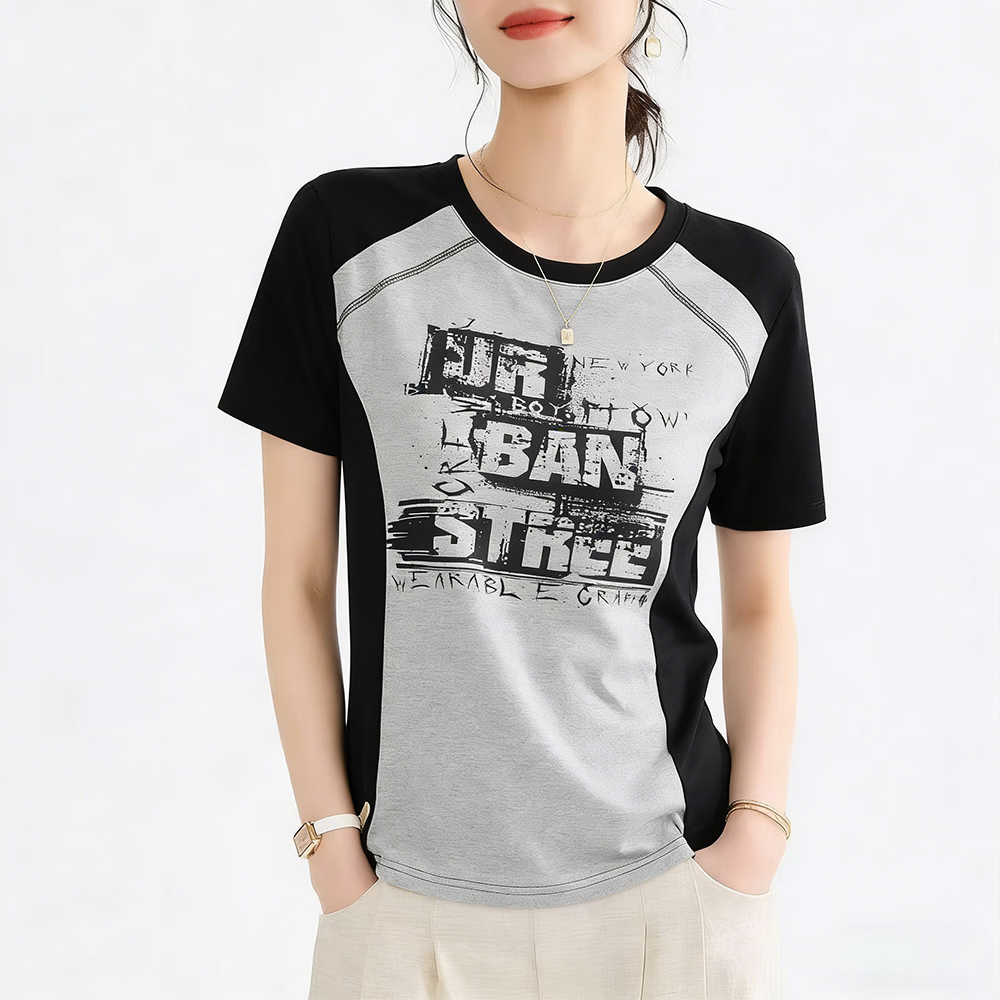 不规则拼接圆领短袖t恤女2026夏季新款韩版宽松显瘦上衣-GZ2 灰色 XL 115-130斤