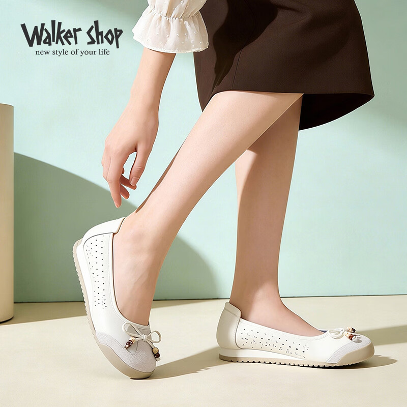 Walker Shop奥卡索船鞋女单鞋职场透气软底平底豆豆鞋女一脚蹬乐福鞋女休闲鞋 D161039米白 38