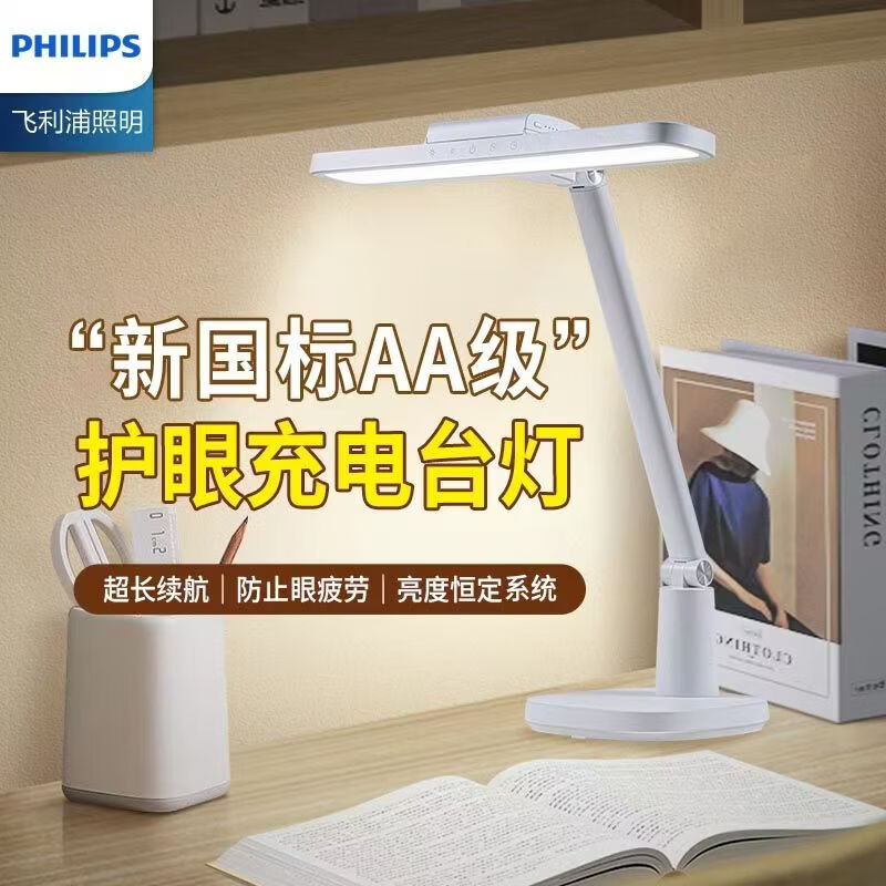 飞利浦（PHILIPS）儿童近视防控国AA级台灯充电灯护眼床头灯学习台灯 品泰 66195充插两用/10W/2*5000毫安/桌夹