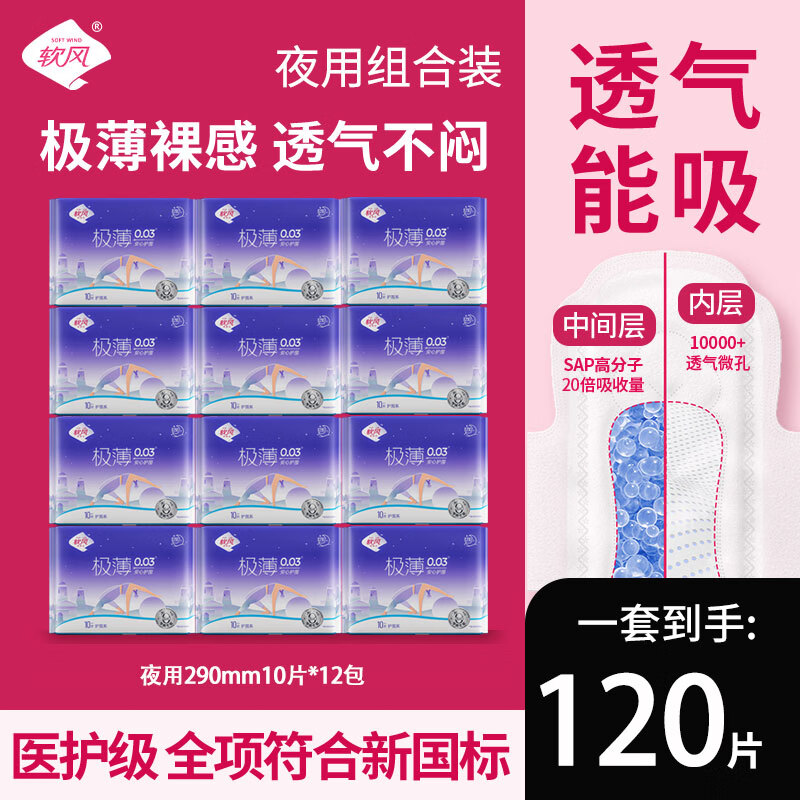 软风研究社护围系卫生巾超薄防漏干爽透气超高护围瞬吸不返渗日夜组合姨妈巾 棉柔 245mm 50片