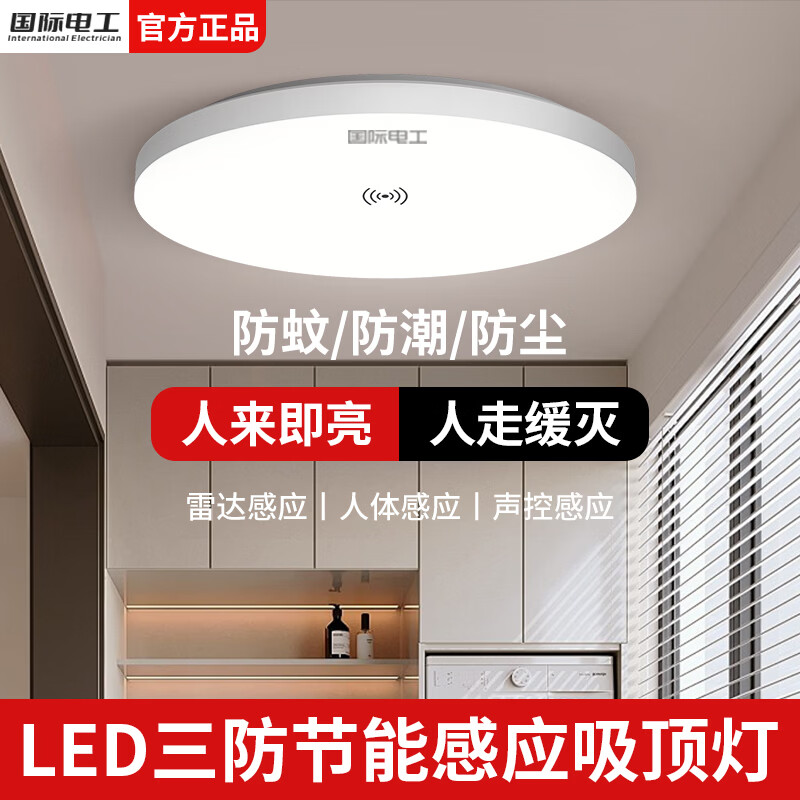 国际电工LED三防节能吸顶灯过道走廊人体红外感应灯声控感应灯楼道雷达灯 18W 三防-雷达感应灯23cm白光