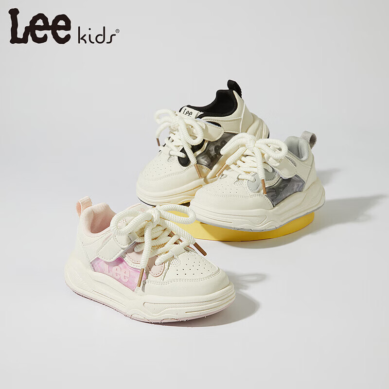 Lee童鞋春季新款儿童板鞋百搭小白鞋男童魔术贴休闲鞋女童 白黑 36 【建议脚长217-222mm】