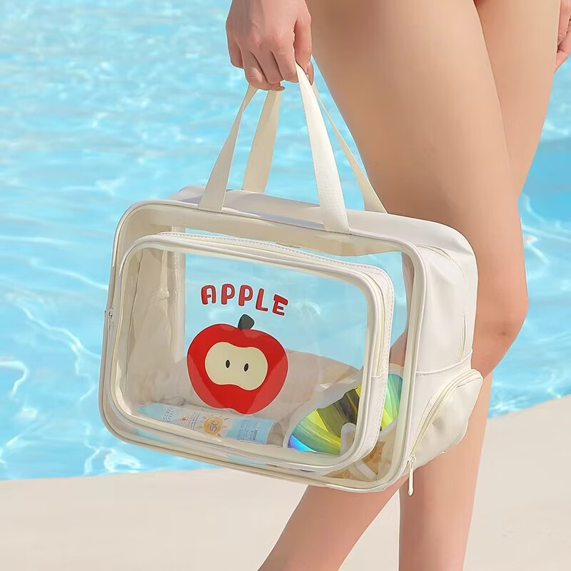 米卡博旅行出差洗漱包便携透明防水潮收纳袋干湿分离洗澡游泳健身化妆包 红色【中号单层】便携收纳舒适提手 高颜值透明收纳包