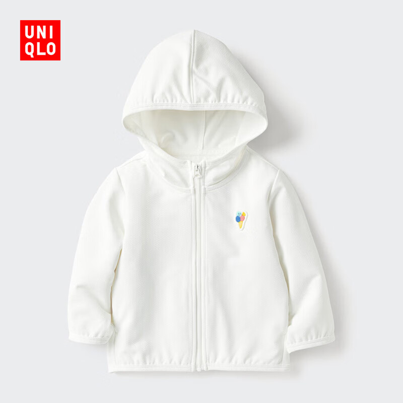 优衣库婴幼儿宝宝防紫外线网眼连帽开衫防晒衣婴幼儿衣服482045 00 白色 90