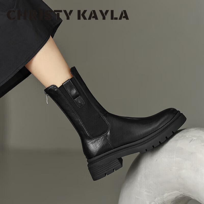 CHRISTY KAYLA英伦风圆头粗跟厚底短靴女冬季新款中筒切尔西靴复古松紧烟筒靴潮 黑色单层 34