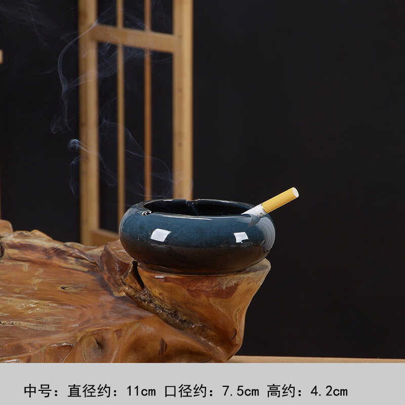语森忆大号烟灰缸创意个性陶瓷烟缸家用复古中式客厅轻奢办公室潮流烟缸 窑变蓝-烟灰缸中号