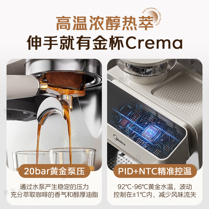 美的（Midea）半自动咖啡机磨豆机冷萃研磨一体机家用意式浓缩双锅炉可视压力30档研磨 【冰川】MA-GEE5800白骑士