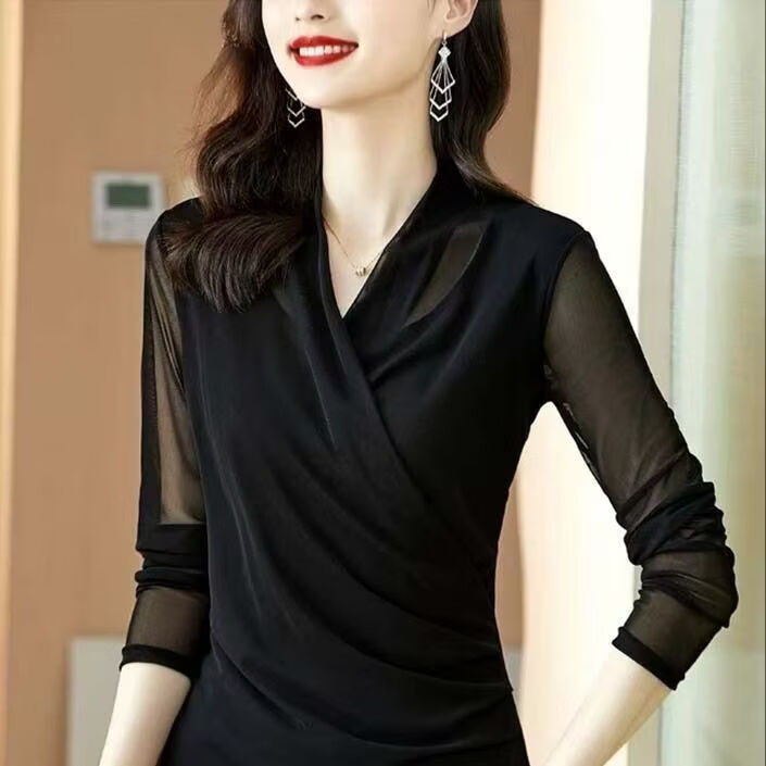 2026春季新款女装时尚洋气修身显瘦气质长袖打底衫女上衣百搭春夏 黑色 XL 110-120斤