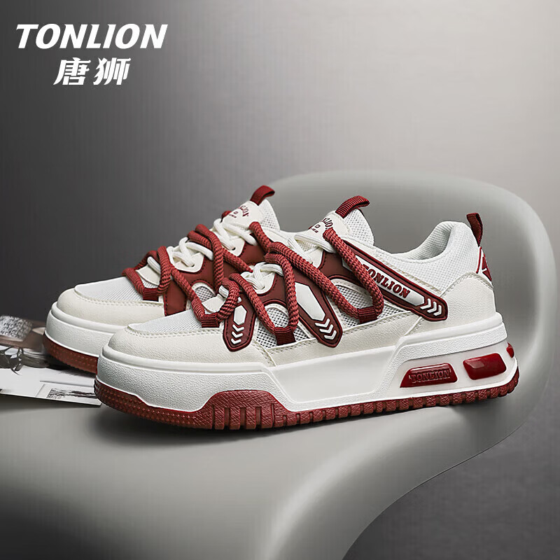 唐狮(TonLion)女鞋2026新款春夏季时尚百搭厚底鞋子女款网面透气运休闲鞋 红白TS20234012W 35
