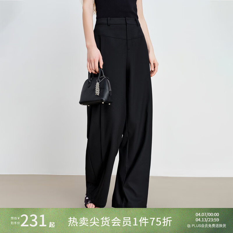 自巧小个子分割线设计叠褶弯刀西装休闲裤长裤女2026春季新品裤子 谧黑色 S （尺码：3）