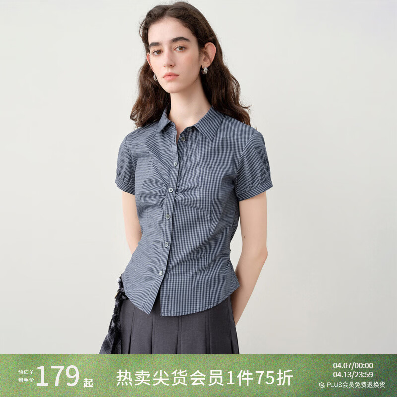 自巧小个子短袖设计感掐腰格子衬衫女2026夏季新品短款复古上衣 藏青格纹 S （尺码：3）