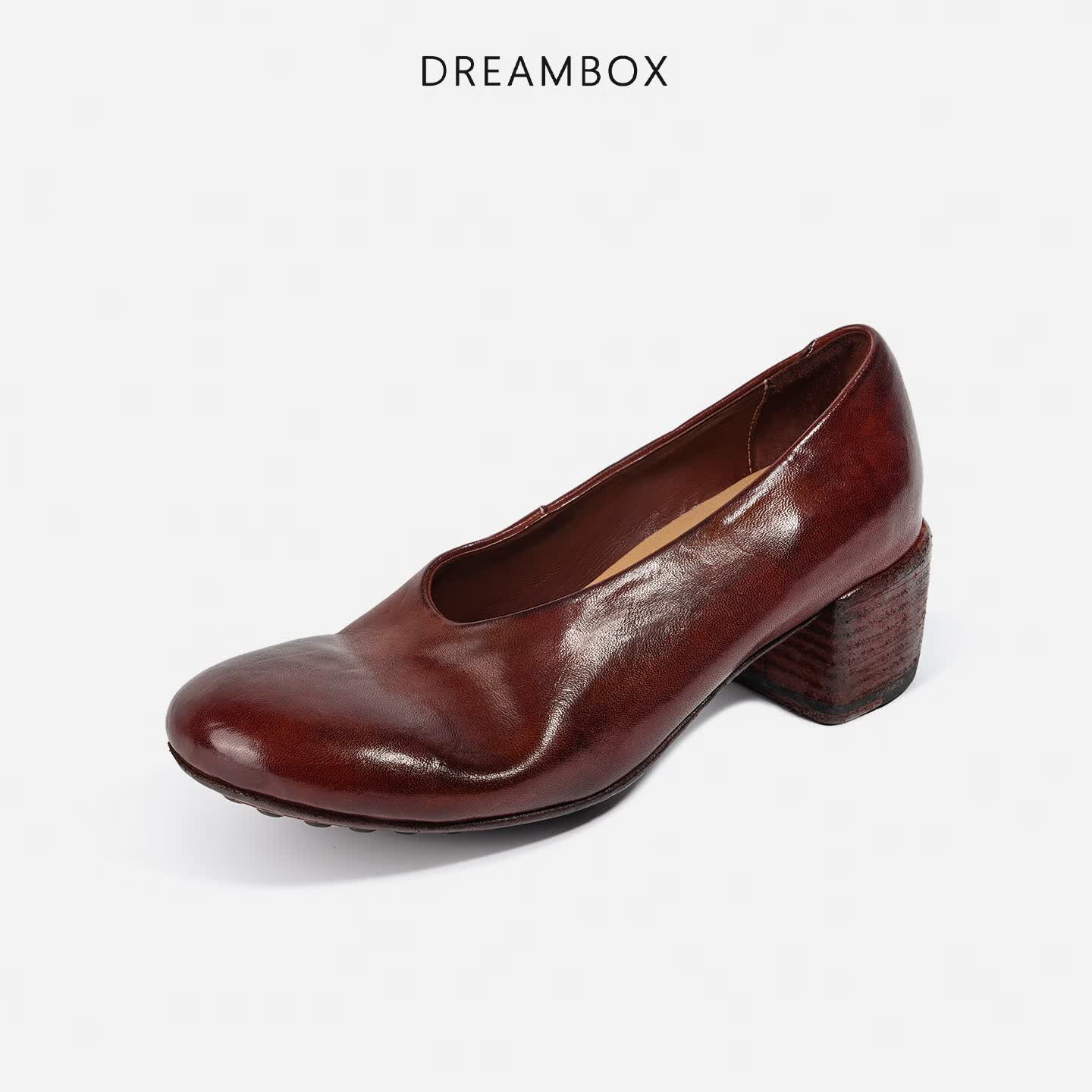 DREAMBOX钧博气质女鞋水洗马皮乐福鞋厚底高跟鞋夏季透气一脚蹬懒人皮鞋 热巧棕 35