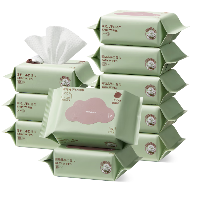 babycare婴儿手口湿巾新生儿加厚擦脸小包便携出行6480紫盖湿纸巾20抽10包