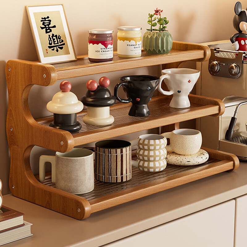 木樽杯架桌面置物架小型窄入户玄关家用桌上收纳亚克力水杯茶杯茶具架 二层-茶色-30cm 【梯形设计 稳定性强】