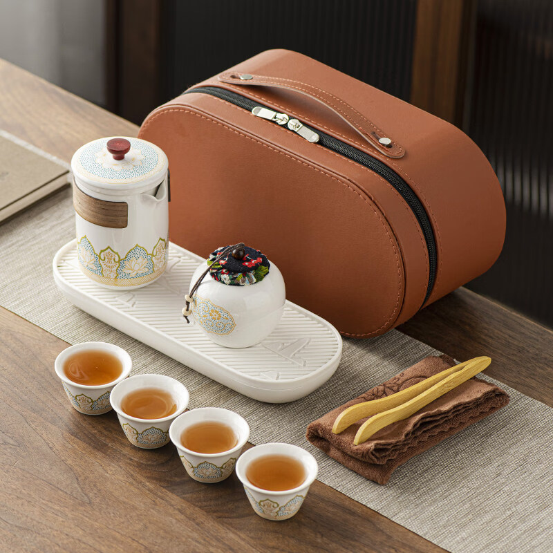 便携茶具户外旅行茶具套装家用一壶四杯便携式收纳包陶瓷快客杯泡 白/古韵一壶三杯/胶囊包