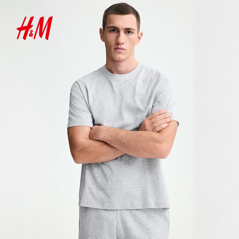 H&amp;M男装T恤2025春季新款圆领短袖运动上衣短袖内搭打底衫0685816 混灰色 L 175/108