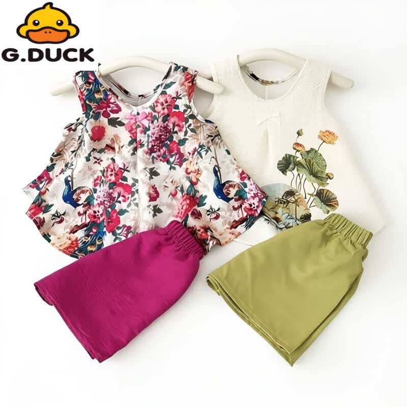 G.duck女童国风夏装吊带儿童汉服套装2026新款服饰女宝宝夏款外穿两件套 国风套装-白色白裤子 110