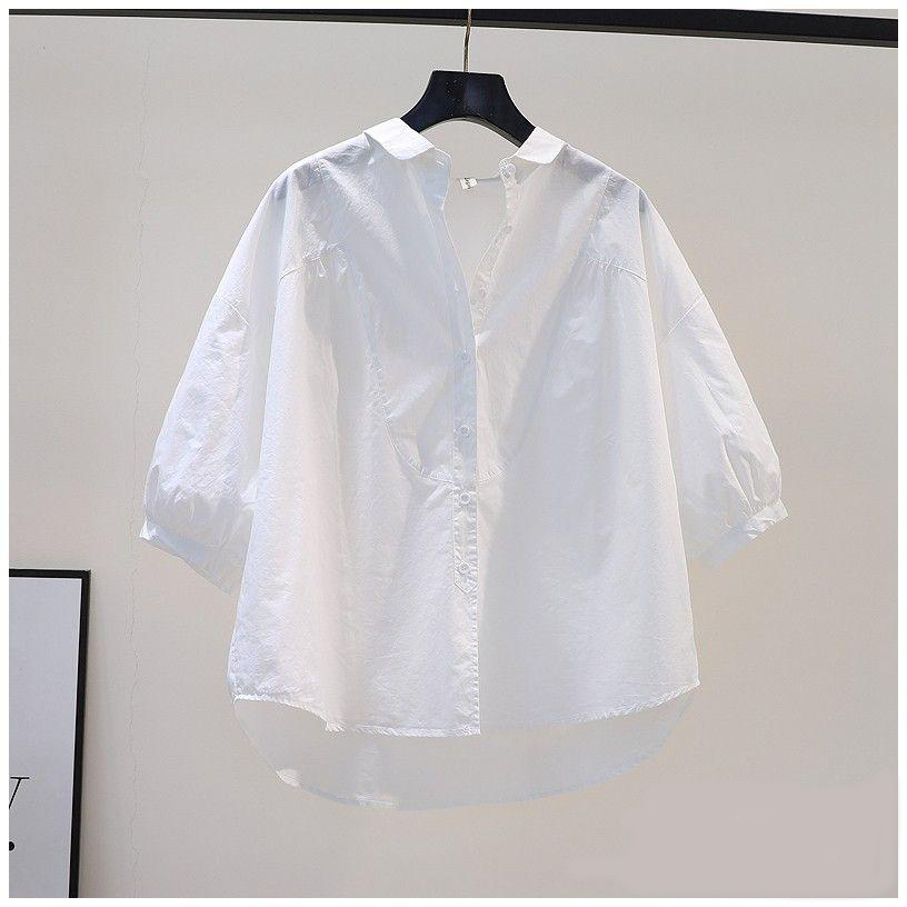 【商场品质】2026夏季新款宽松显瘦娃娃领衬衣女七分袖百搭衬衫 白色七分袖 L (建议100-115)