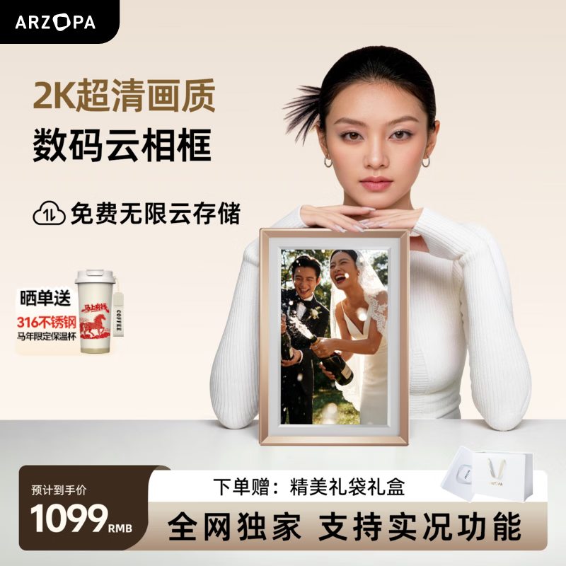 ARZOPA阿卓帕14英寸数码相框 电子相册 云画屏 2K超清 照片视频触摸播放可摆台/壁挂送礼推荐 【2K超清】D14Pro香槟金礼盒装