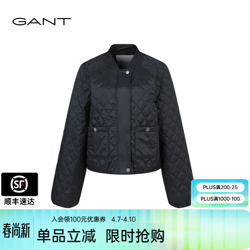 GANT/甘特2024冬季新款女士宽松简约纯色菱格休闲棒球领棉服外套 500-黑色 2XL