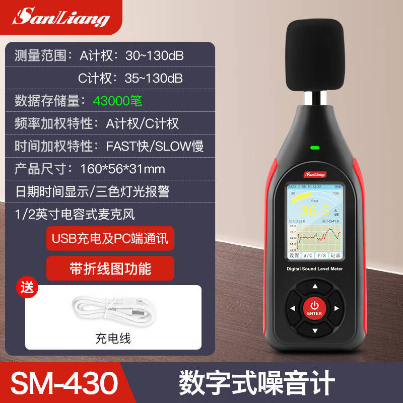 三量（sanliang）正品三量噪音计分贝测试器噪音分贝仪噪音测试仪测音量声音家用 SM430(升级款 ） 无规格