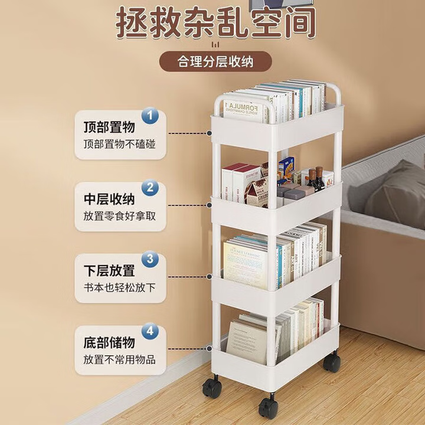 小推车置物架落地厨房多层移动零食浴室卫生间卧室书架收纳储物架 2层