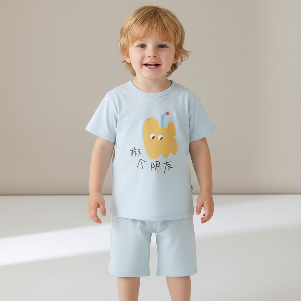 小猪大卫 PECODAVID儿童七分套夏季纯棉A类男女宝宝居家服薄款短袖短裤套装 椒个朋友 短袖套（95%棉） 90