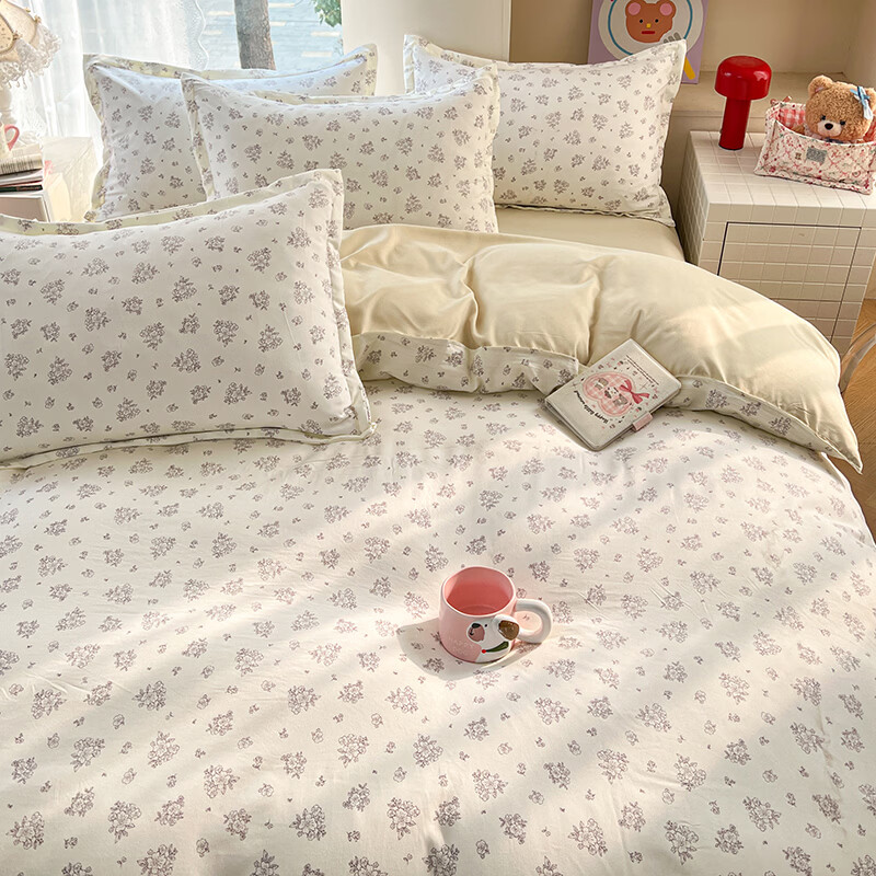 雅鹿春秋床上四件套新款床单被套被罩床品学生宿舍家用四件套 素卉 米黄  【清爽透气水洗棉】 1.2m宿舍 床单款 （被套150*200cm）三件套