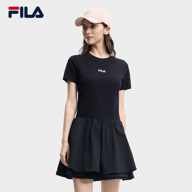 FILA 斐乐官方女子连衣裙2026夏季新款简约时尚修身拼接短袖裙子 正黑色-BK L 170/88A/L