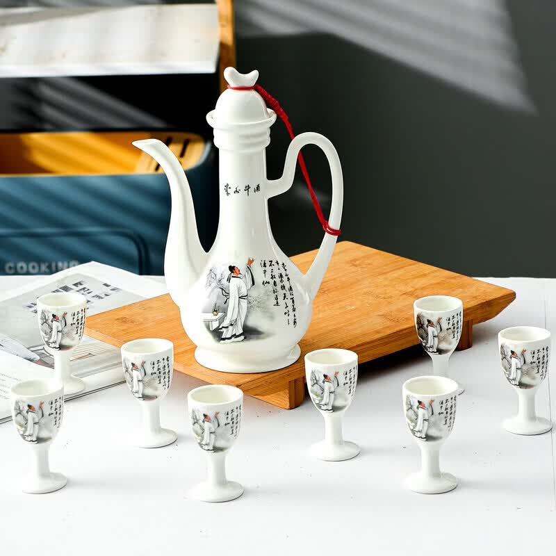 溥畔陶瓷酒具套装双唇酒壶高脚杯仿古中式分酒器酒具礼品小酒壶一口杯 李白斗酒双唇酒壶(高脚杯 9件