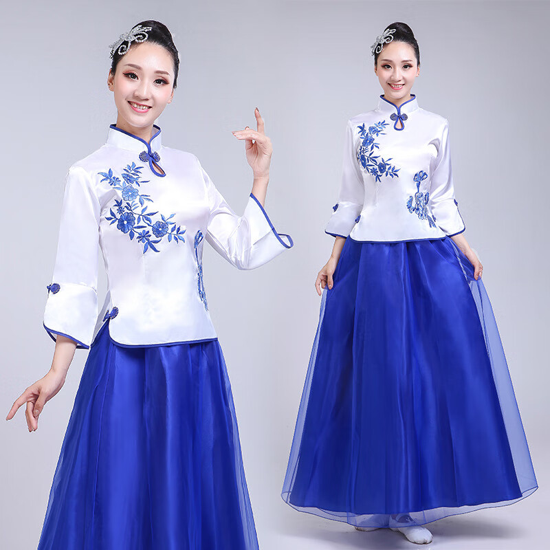 婷婉美新款青花瓷成人大合唱演出服装女长裙中老年古筝演奏团表演服