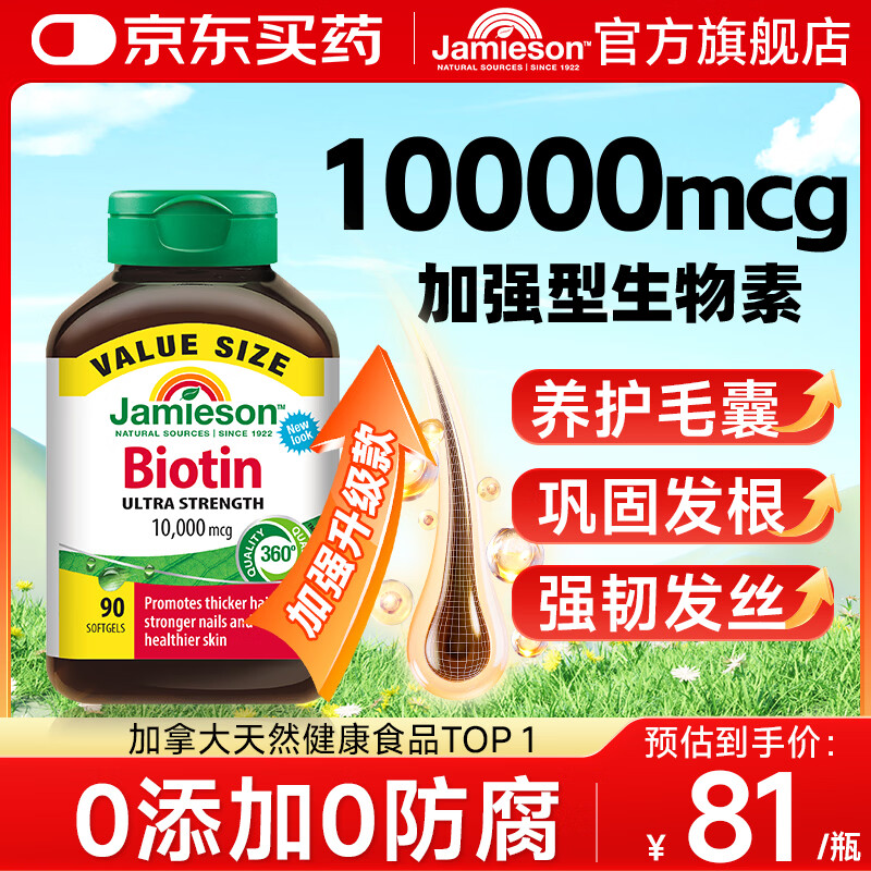 健美生（Jamieson）生物素10000mcg维生素b族b7防脱发固发养发生发脂溢性脱亮肤护发 【一瓶保护毛囊】高浓度生物素养发 90粒*1瓶
